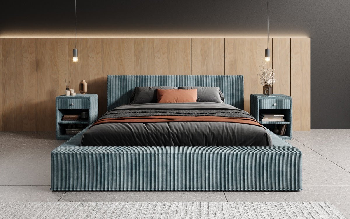 Designer Polsterbett Harmon in Cord mit Stauraum
