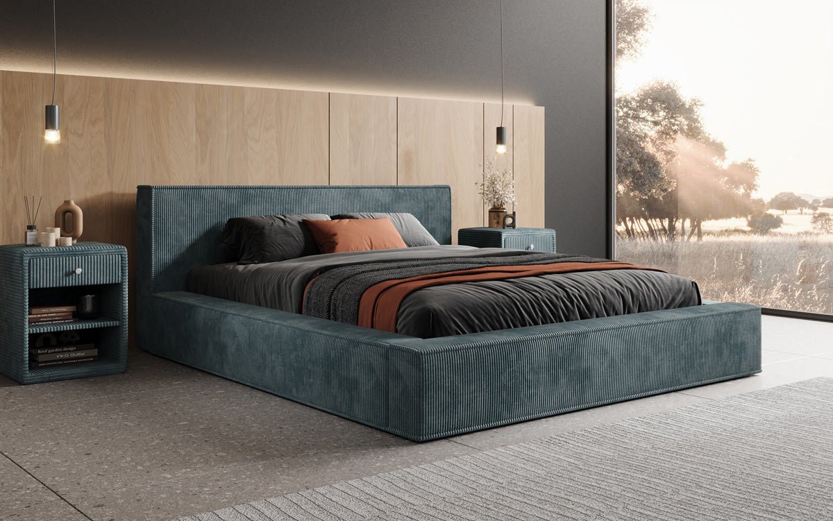 Designer Polsterbett Harmon in Cord mit Stauraum