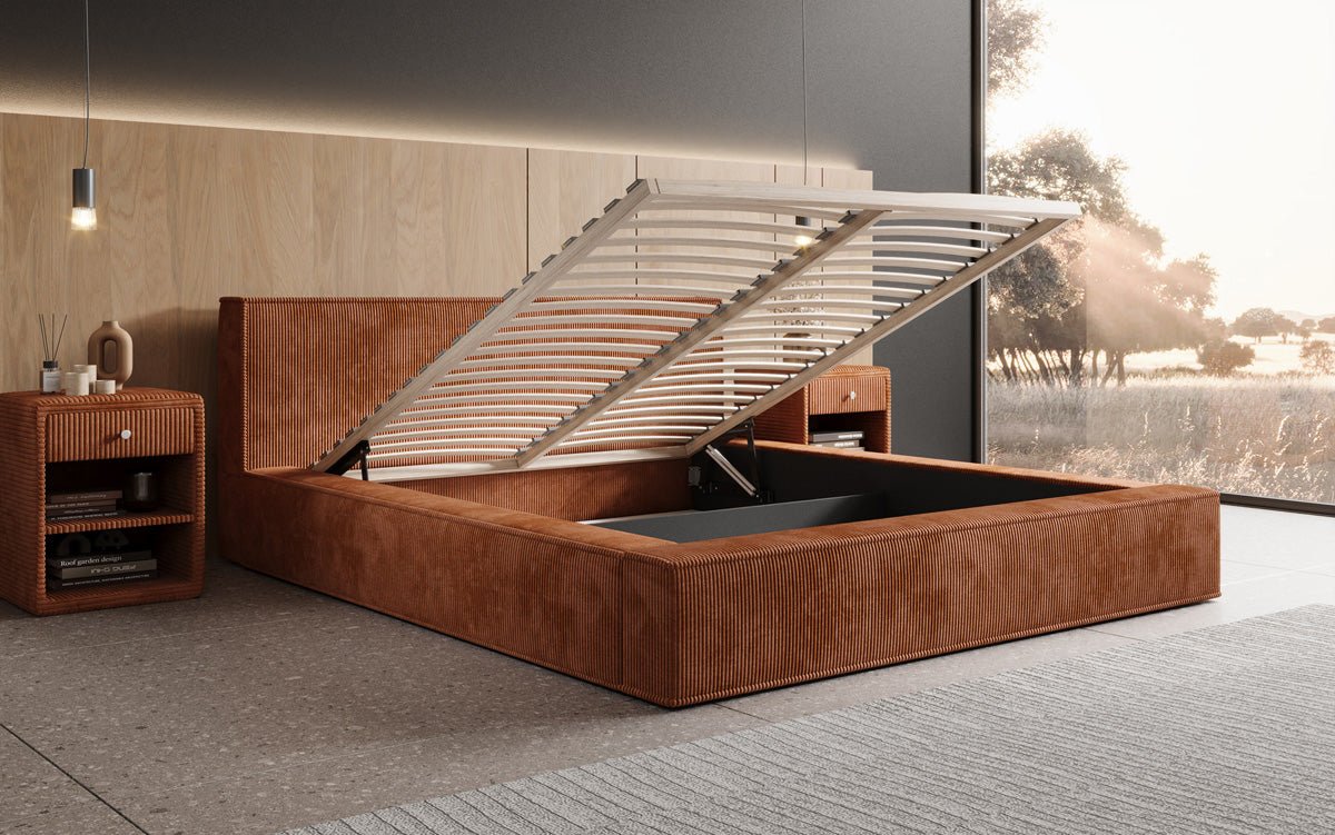 Designer Polsterbett Harmon in Cord mit Stauraum