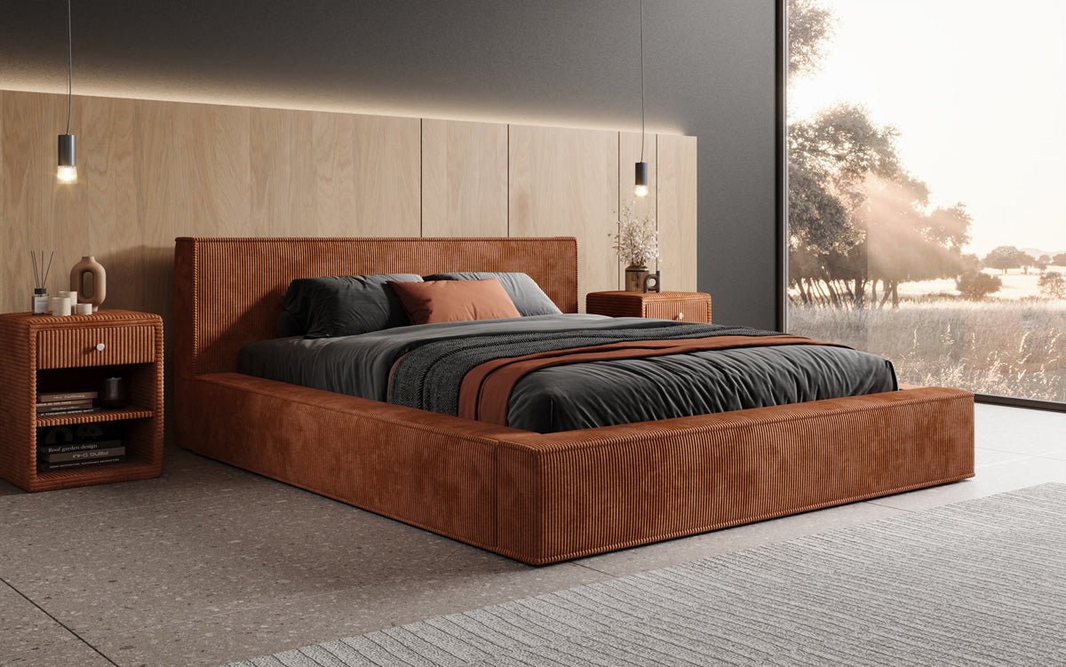 Designer Polsterbett Harmon in Cord mit Stauraum