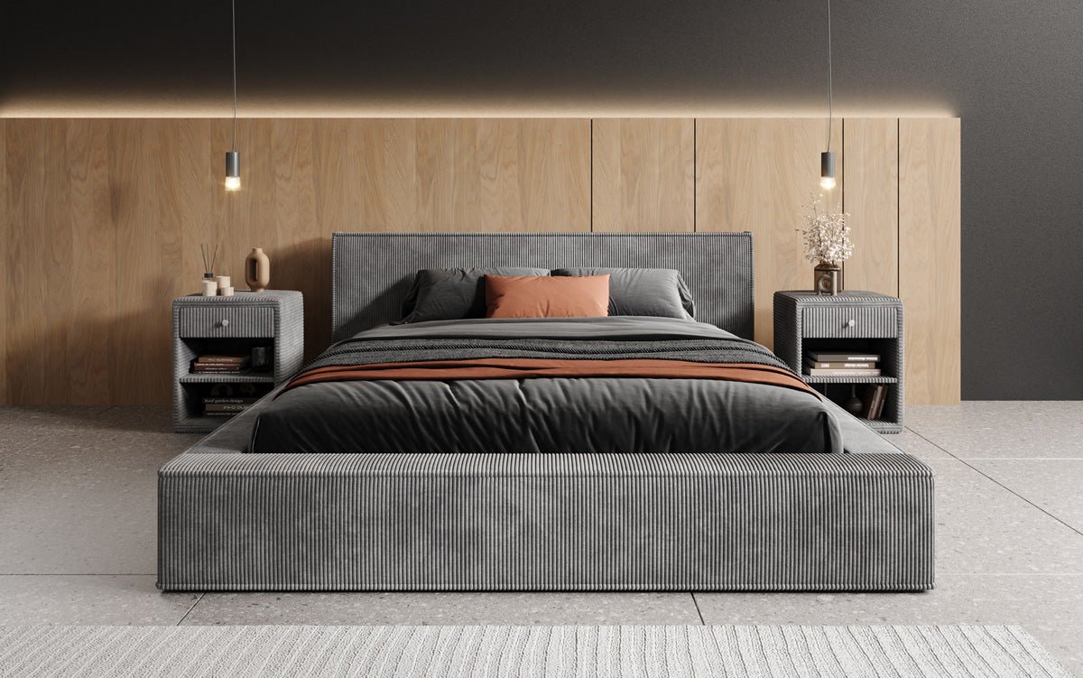 Designer Polsterbett Harmon in Cord mit Stauraum