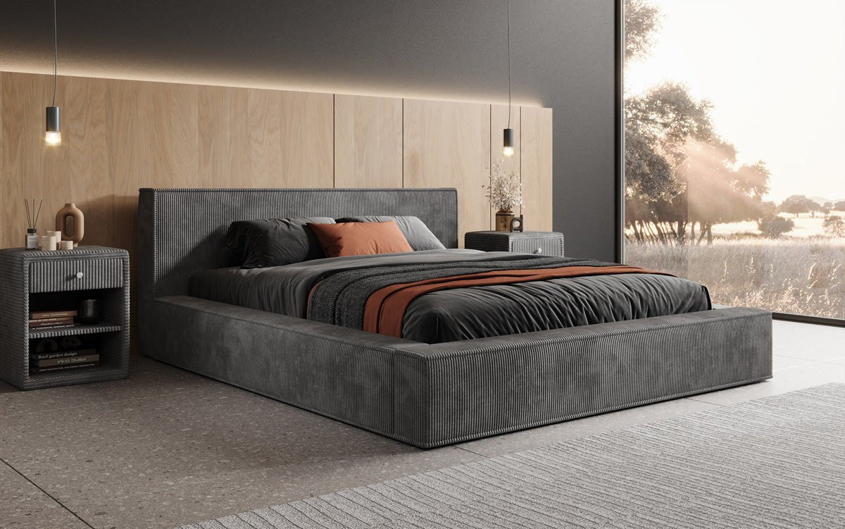 Designer Polsterbett Harmon in Cord mit Stauraum