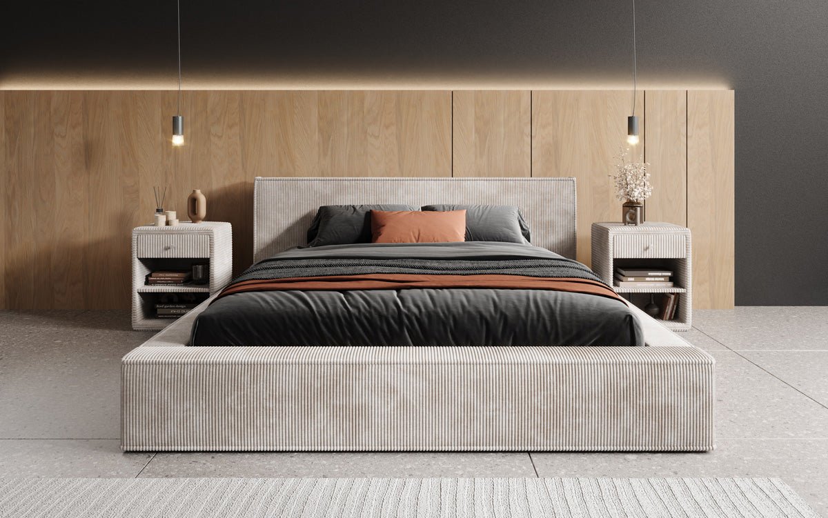 Designer Polsterbett Harmon in Cord mit Stauraum