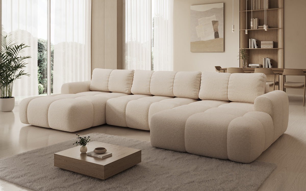 Designer Sofa Analfi U mit Schlaf- und Klappfunktion in Bouclé