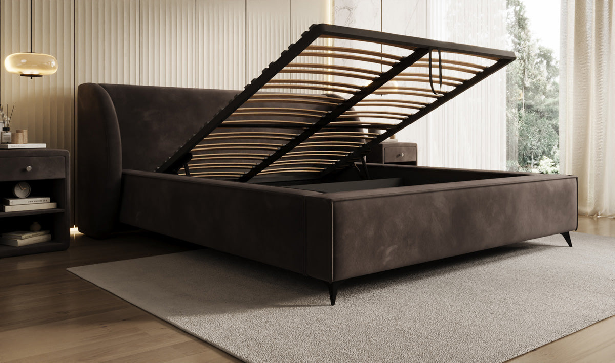Designer Polsterbett Freya in Samt mit Stauraum