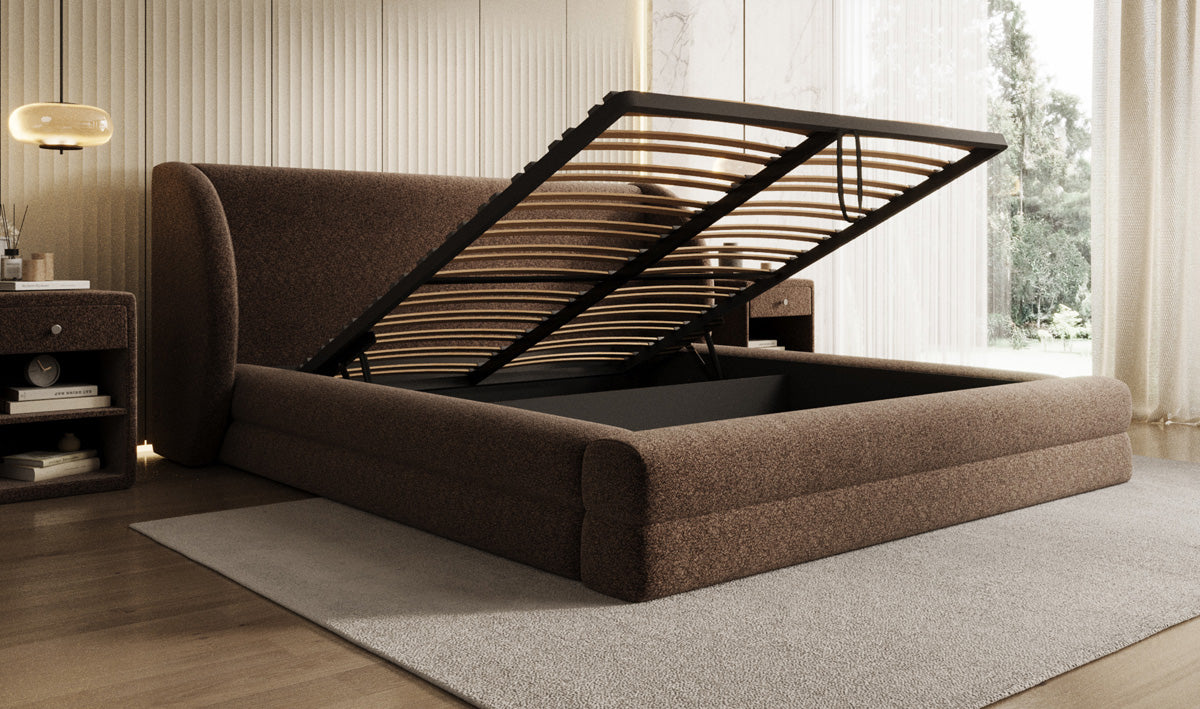 Designer Polsterbett Liv in Strukturstoff mit Stauraum