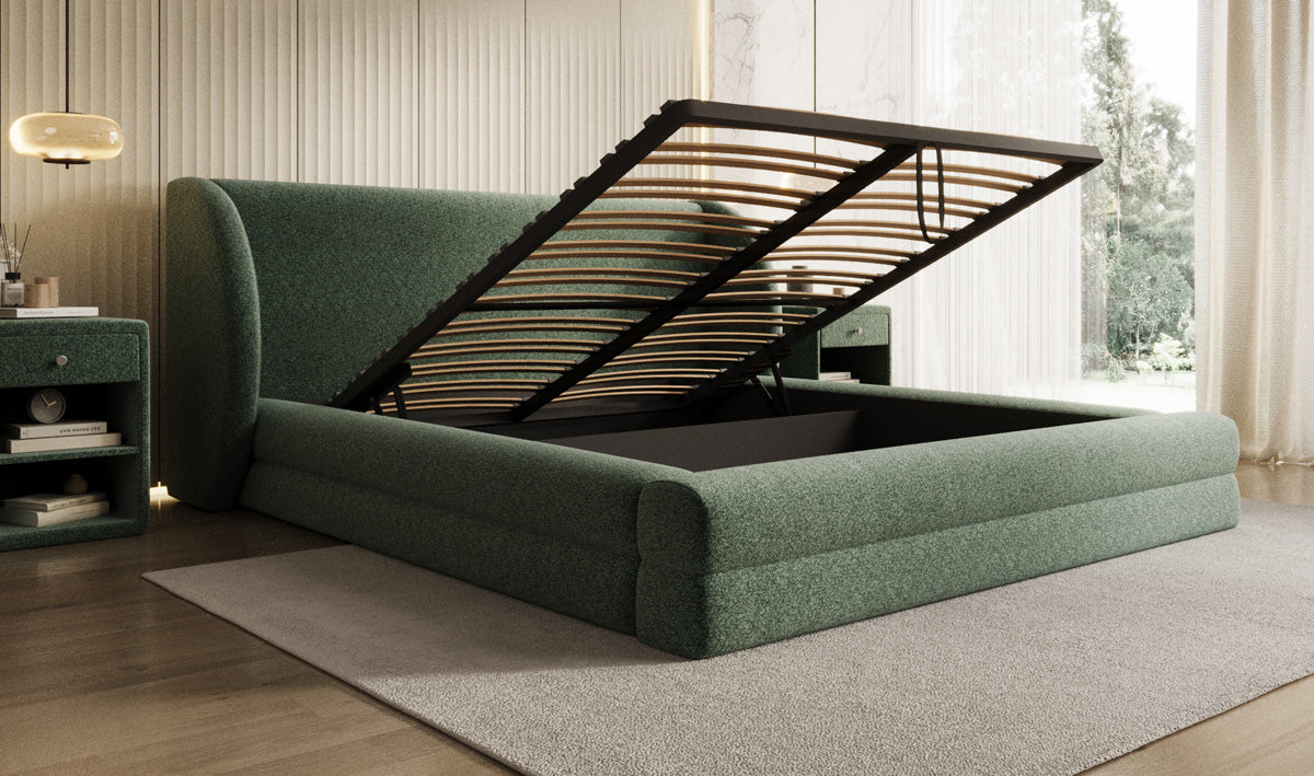 Designer Polsterbett Liv in Strukturstoff mit Stauraum