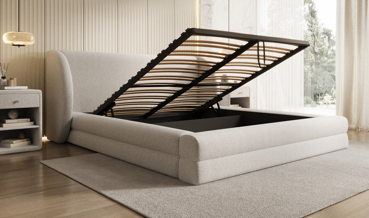 Designer Polsterbett Liv in Strukturstoff mit Stauraum