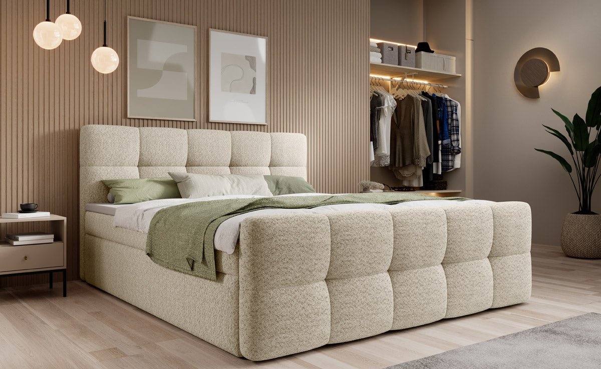 Cozy Bouclé Box Spring Bed with Storage