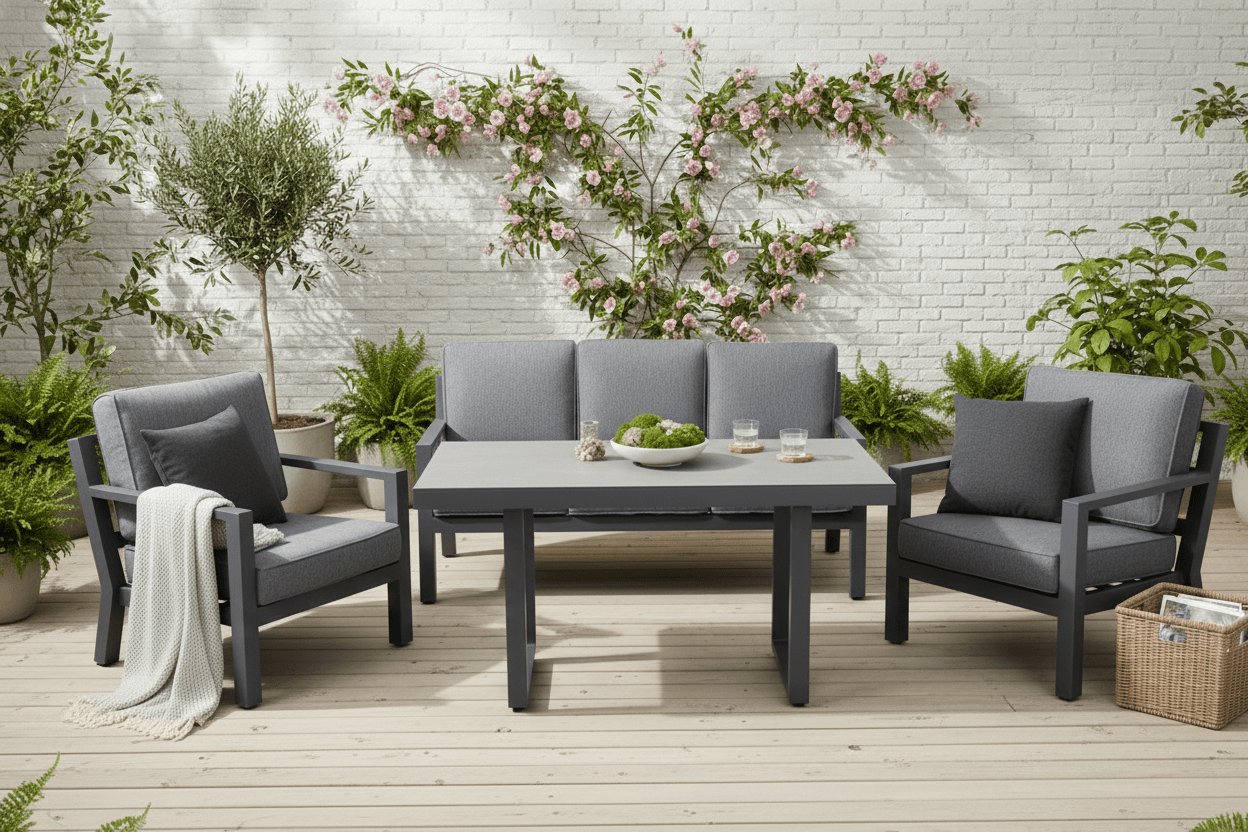 Garten Loungeset Kreta – 4-teiliges Set mit Tisch & dunkelgrauen Kissen