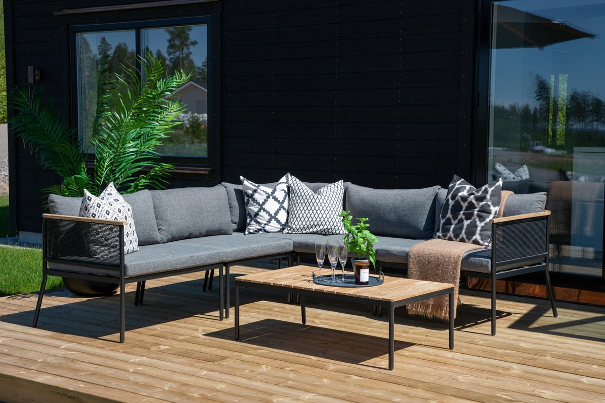 Garten Loungeset Luana – in Weiß & Schwarz mit Teak-Tisch & Polstern