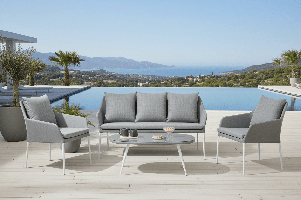 Garten Loungeset Morena - in Weiß mit grauem Stoff