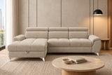 Ecksofa Luno in Strukturstoff Beige, Ottomane links – Frontansicht