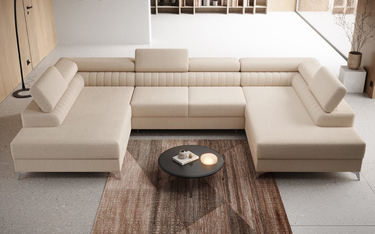 Designer Sofa Aurea U mit Schlaf- und Klappfunktion in Bouclé