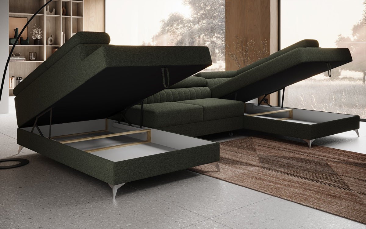 Designer Sofa Aurea U mit Schlaf- und Klappfunktion in Bouclé