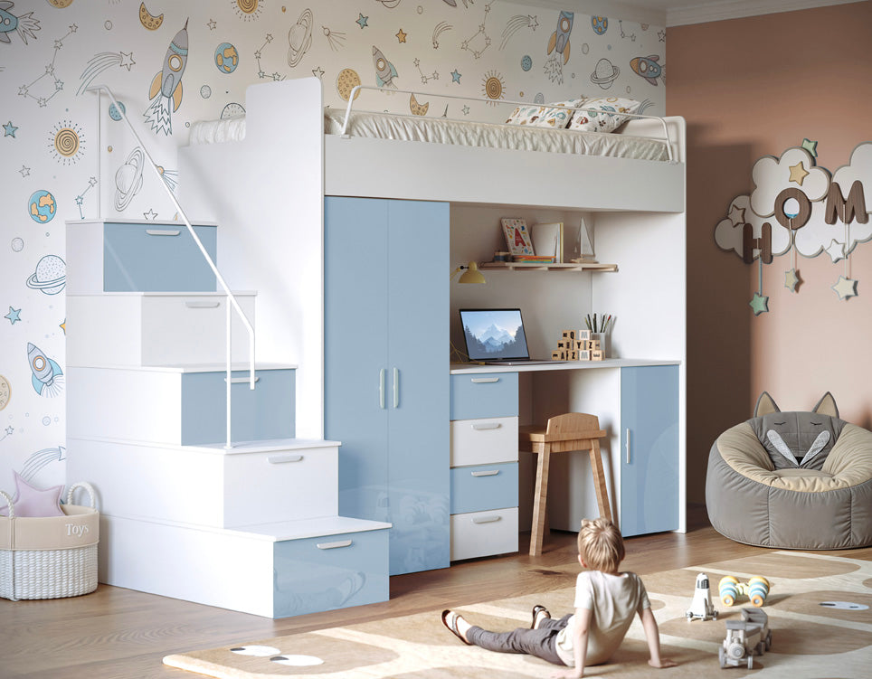 Kinderhochbett Dream Hochglanz – mit Schreibtisch, viel Stauraum & Matratze