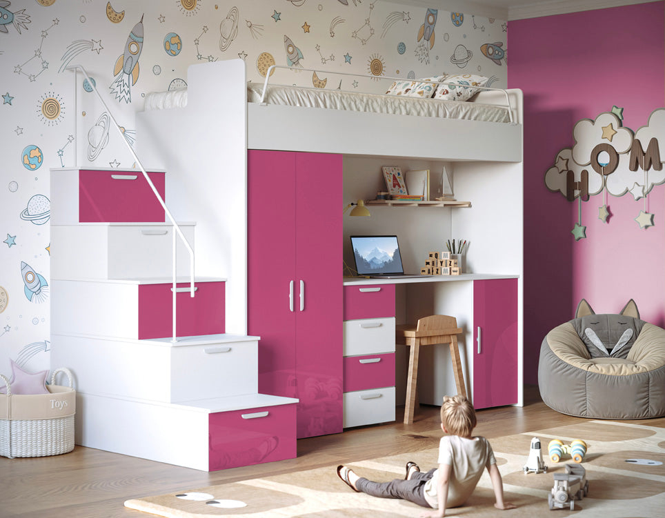 Kinderhochbett Dream Hochglanz – mit Schreibtisch, viel Stauraum & Matratze