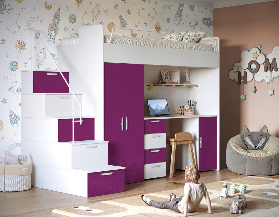 Kinderhochbett Dream Hochglanz – mit Schreibtisch, viel Stauraum & Matratze