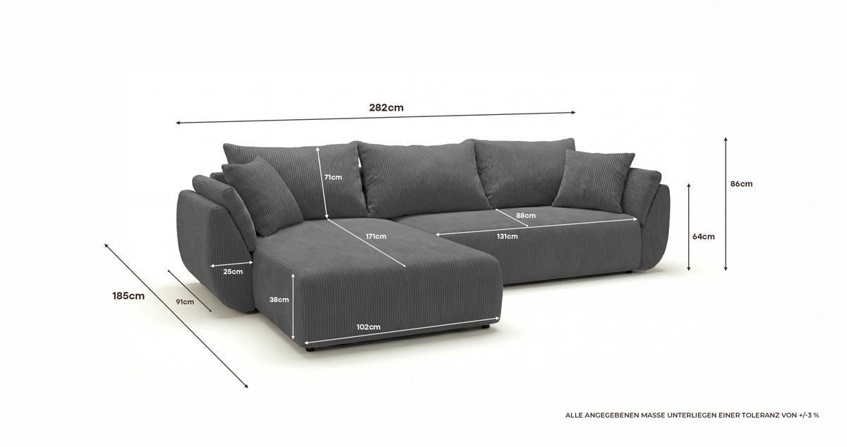 Designer Sofa Lenoa L mit Schlaf- und Klappfunktion in Cord