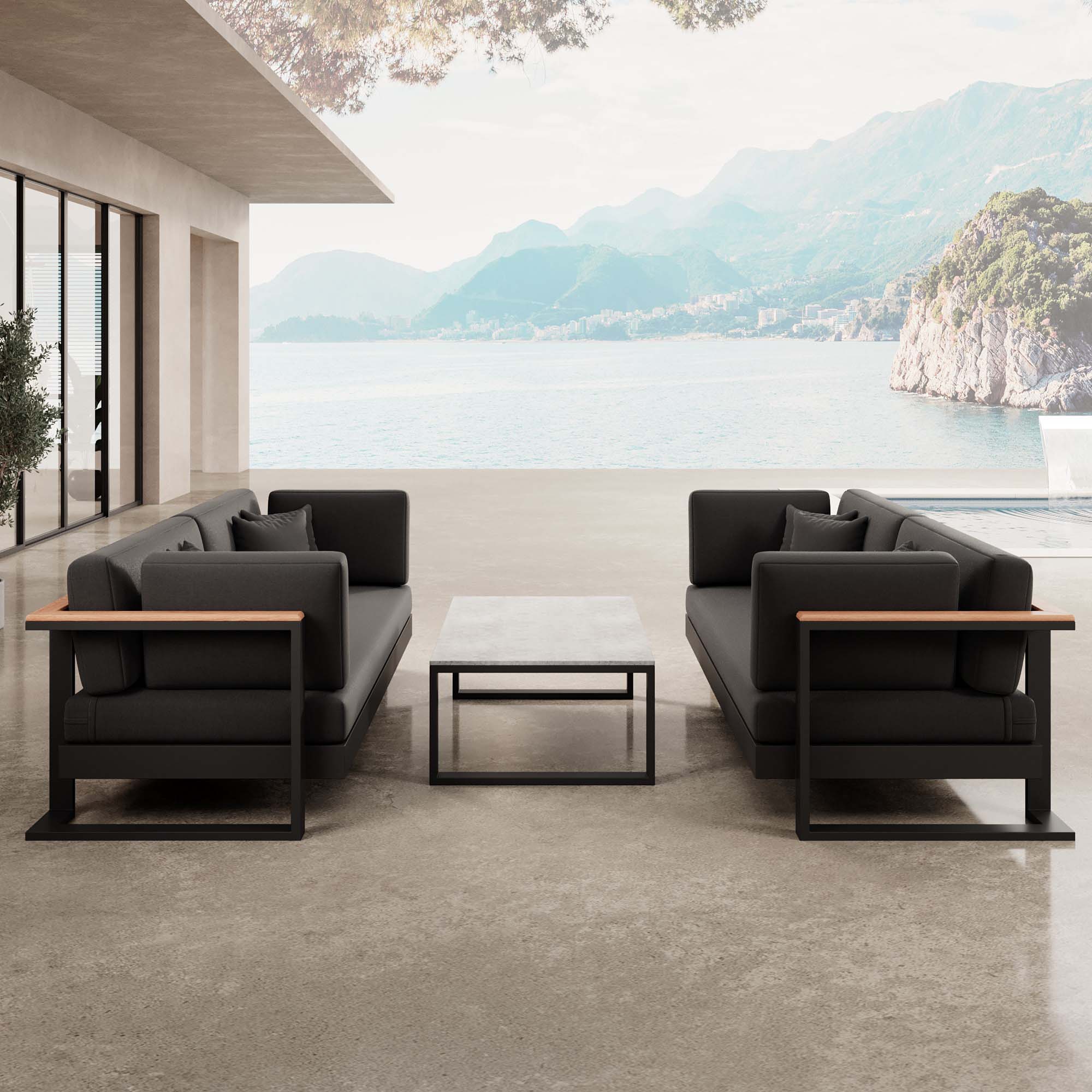 Vayla – 2 Zweisitzer & Tisch aus schwarzem Aluminium | Aevora™ Kollektion