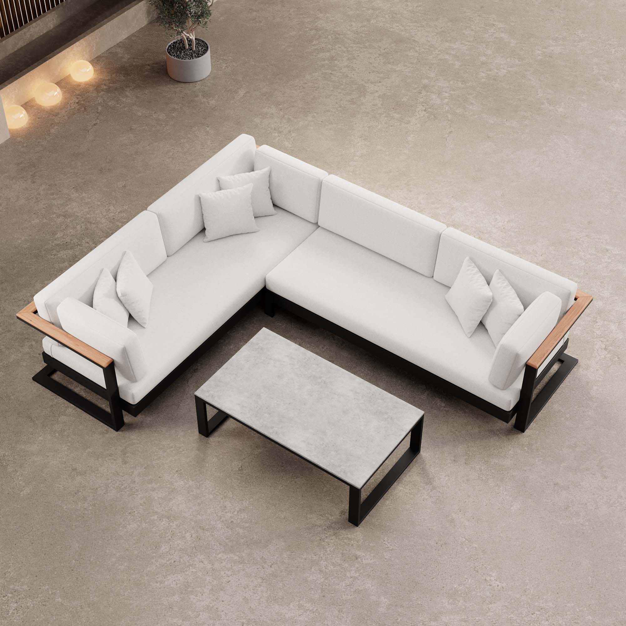 Vayla – L-Form Outdoor Sofa & Tisch in schwarzem Aluminium | Aevora™ Kollektion