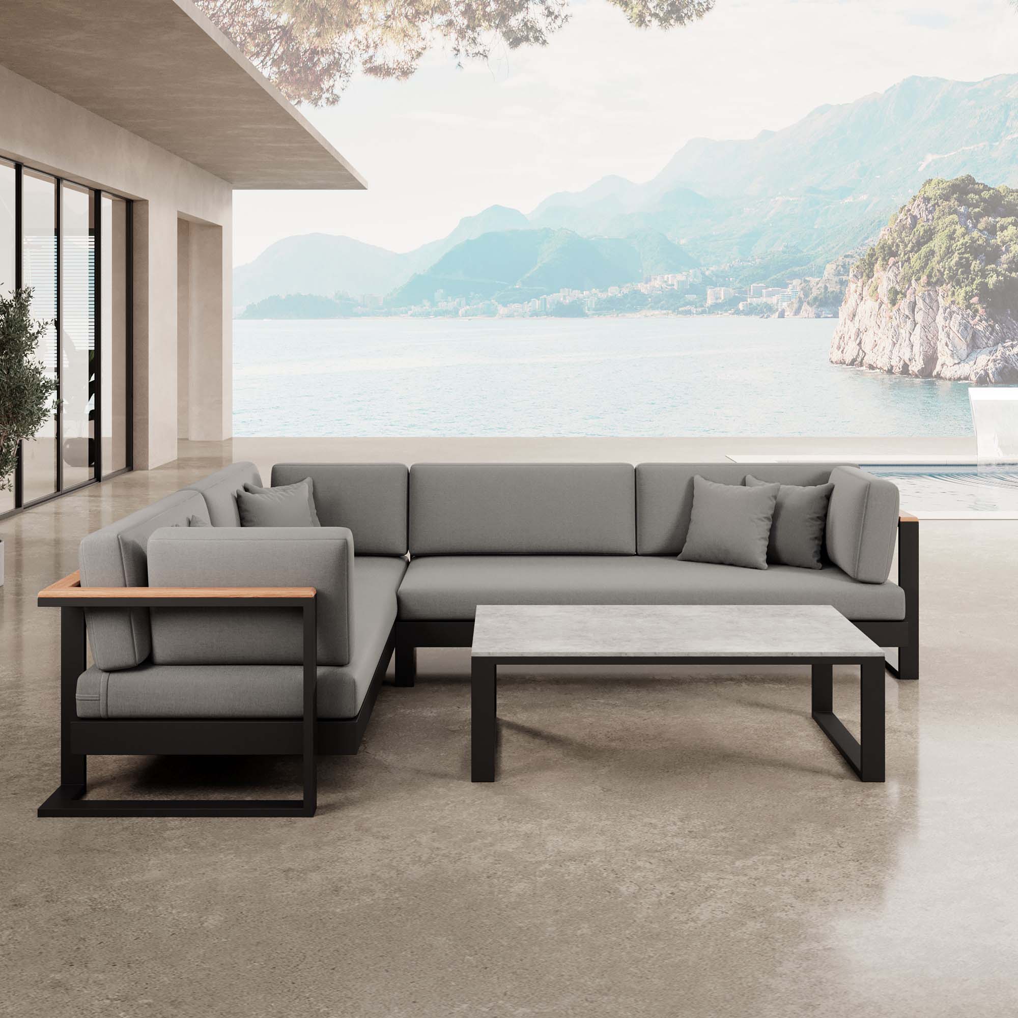 Vayla – L-Form Outdoor Sofa & Tisch in schwarzem Aluminium | Aevora™ Kollektion