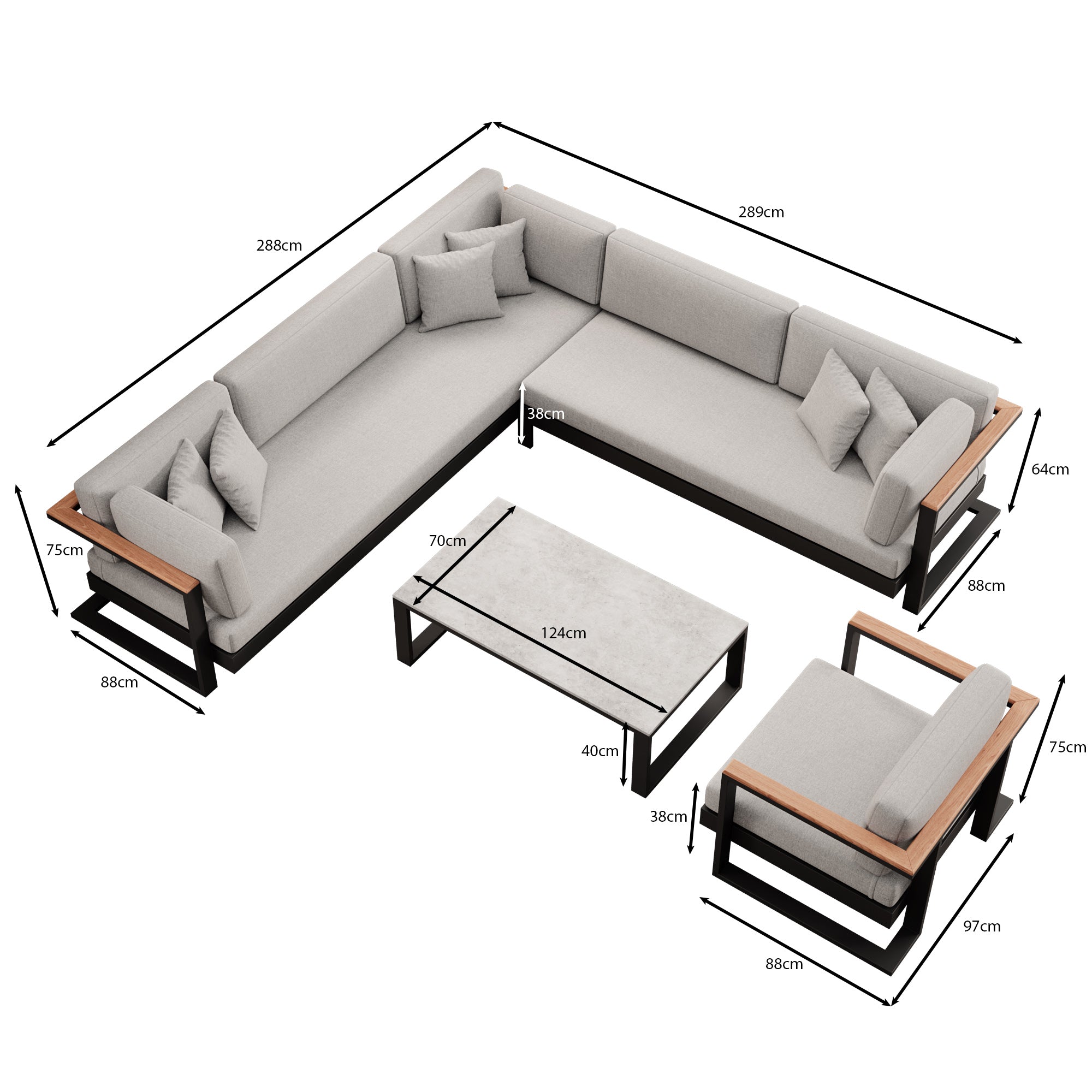 Vayla – Loungegruppe mit Ecksofa, Loungesessel & Tisch aus schwarzem Aluminium | Aevora™ Kollektion