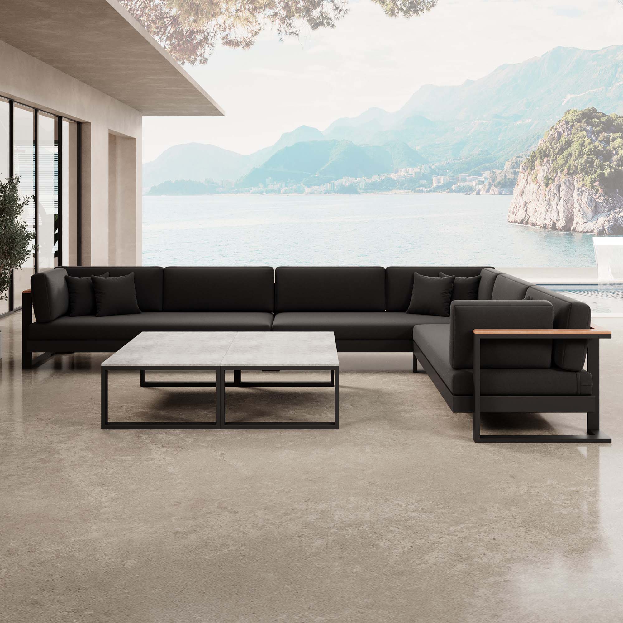 Vayla – Wohnlandschaft mit Doppeltisch & Ecksofa aus schwarzem Aluminium | Aevora™ Kollektion