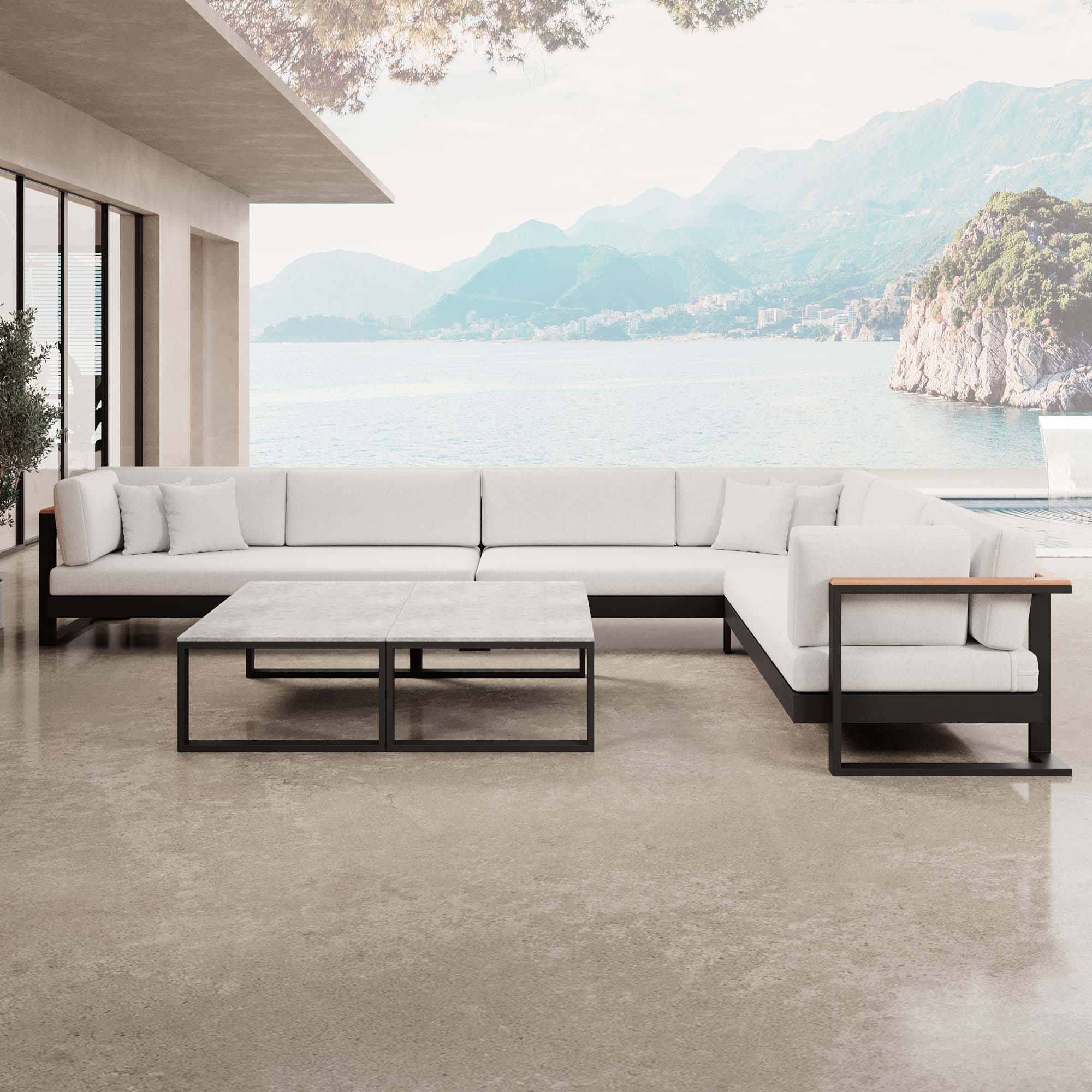 Vayla – Wohnlandschaft mit Doppeltisch & Ecksofa aus schwarzem Aluminium | Aevora™ Kollektion