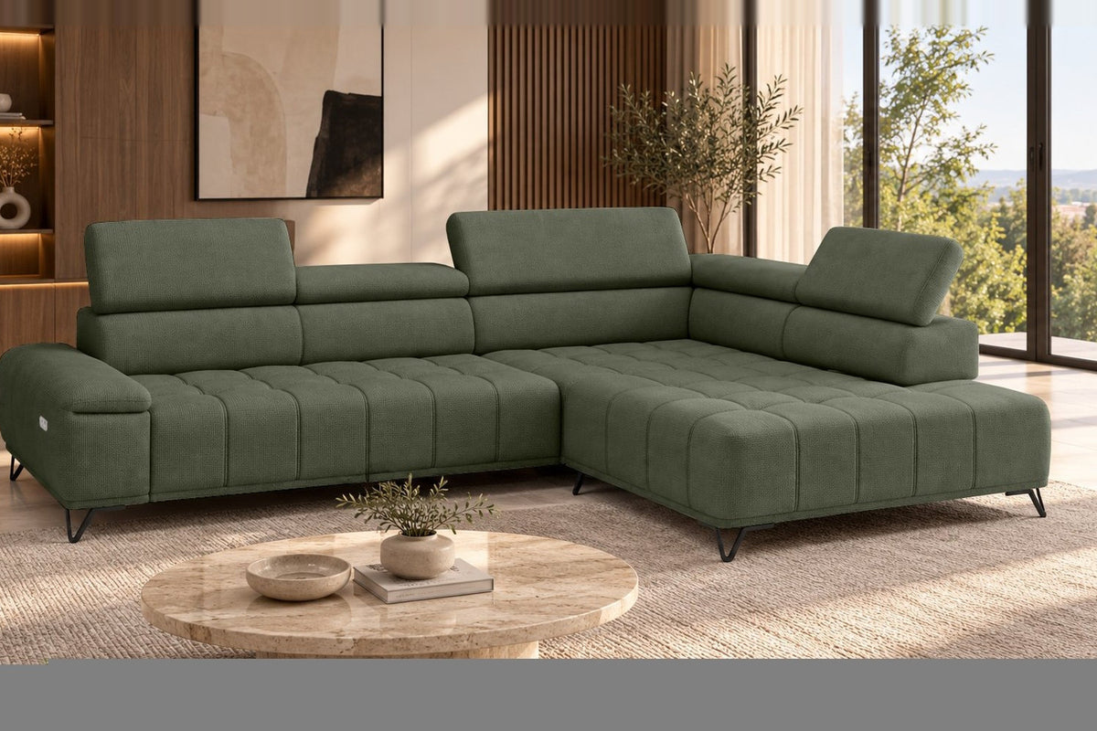 Ecksofa Volo in Chenille Grün, Ottomane rechts – Ansicht 2