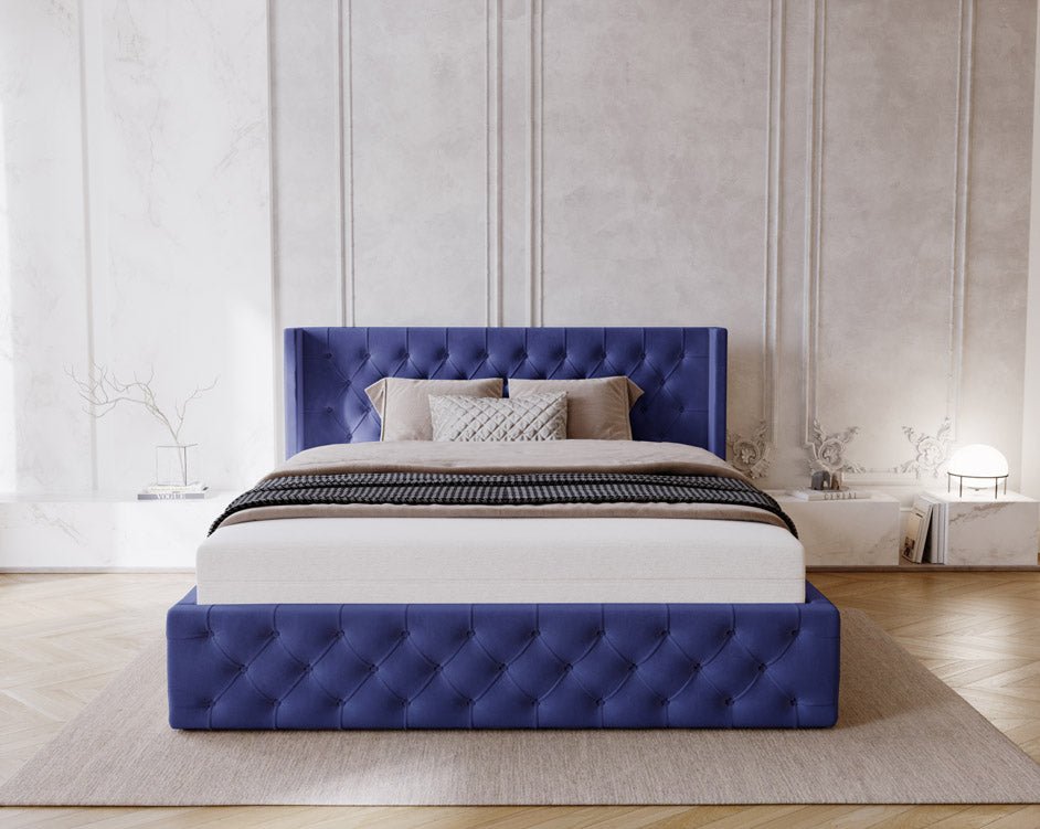 Designer upholstered bed Celestia in velvet with storage