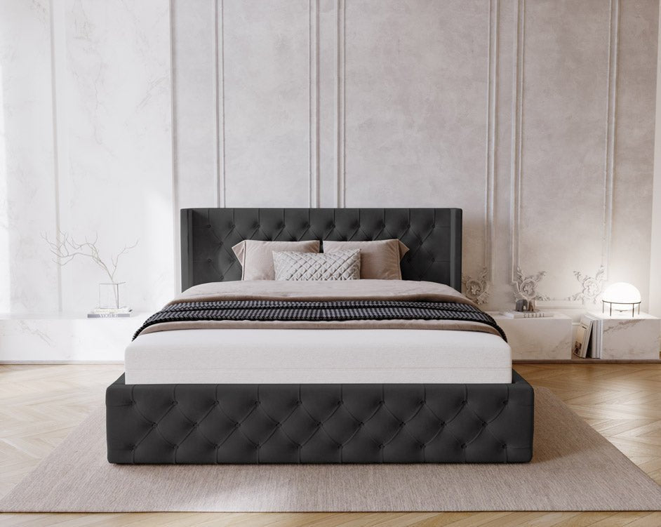 Designer upholstered bed Celestia in velvet with storage