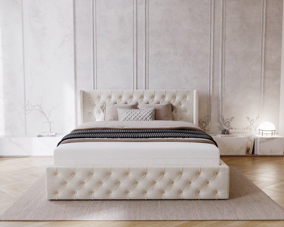 Designer upholstered bed Celestia in velvet with storage