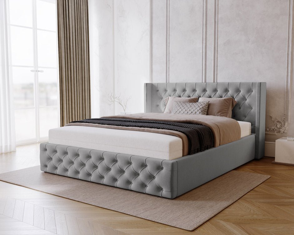 Designer upholstered bed Celestia in velvet with storage