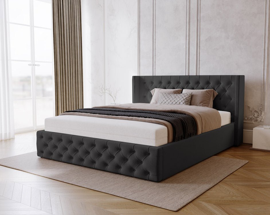 Designer upholstered bed Celestia in velvet with storage