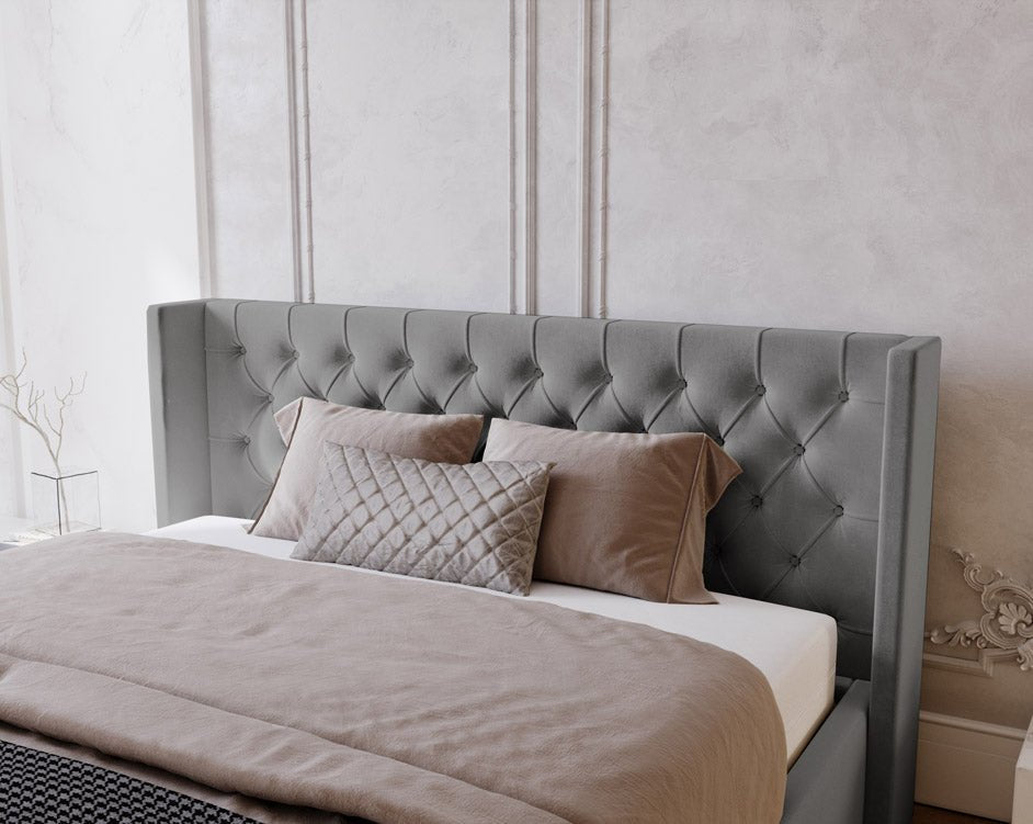 Designer upholstered bed Celestia in velvet with storage