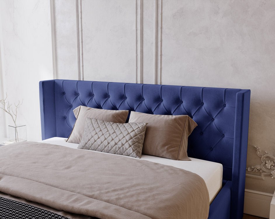 Designer upholstered bed Celestia in velvet with storage