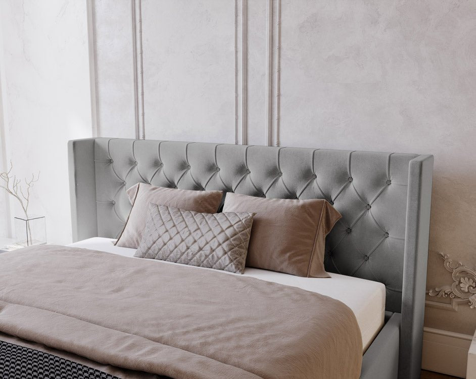 Designer upholstered bed Celestia in velvet with storage