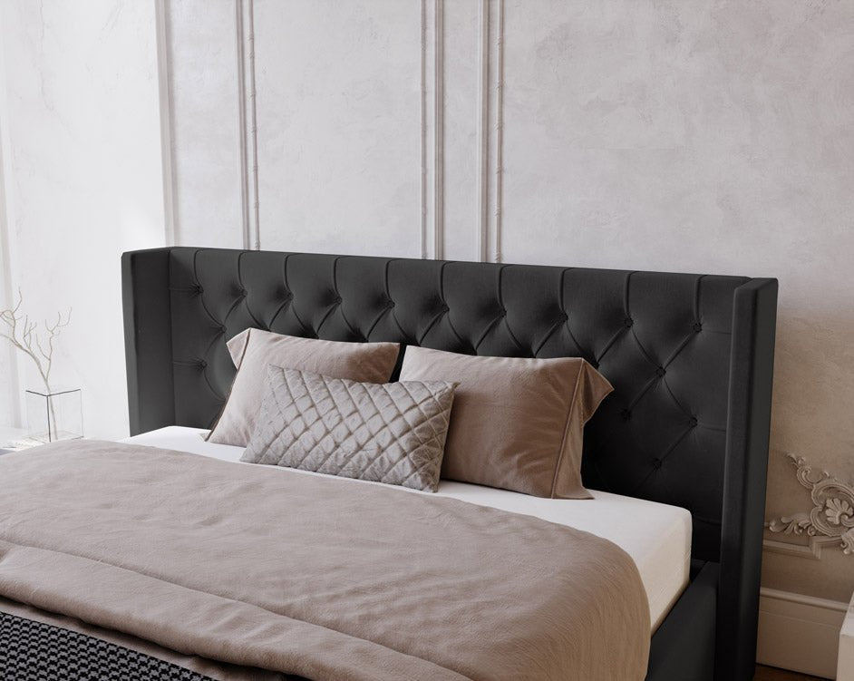 Designer upholstered bed Celestia in velvet with storage