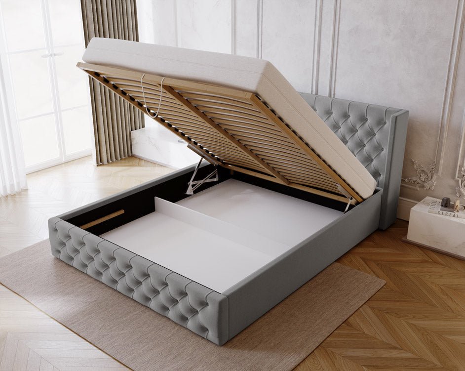 Designer upholstered bed Celestia in velvet with storage