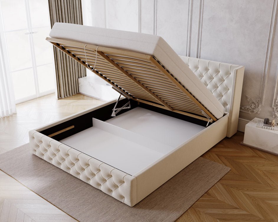 Designer upholstered bed Celestia in velvet with storage