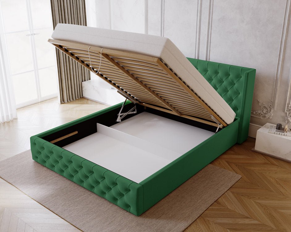 Designer upholstered bed Celestia in velvet with storage