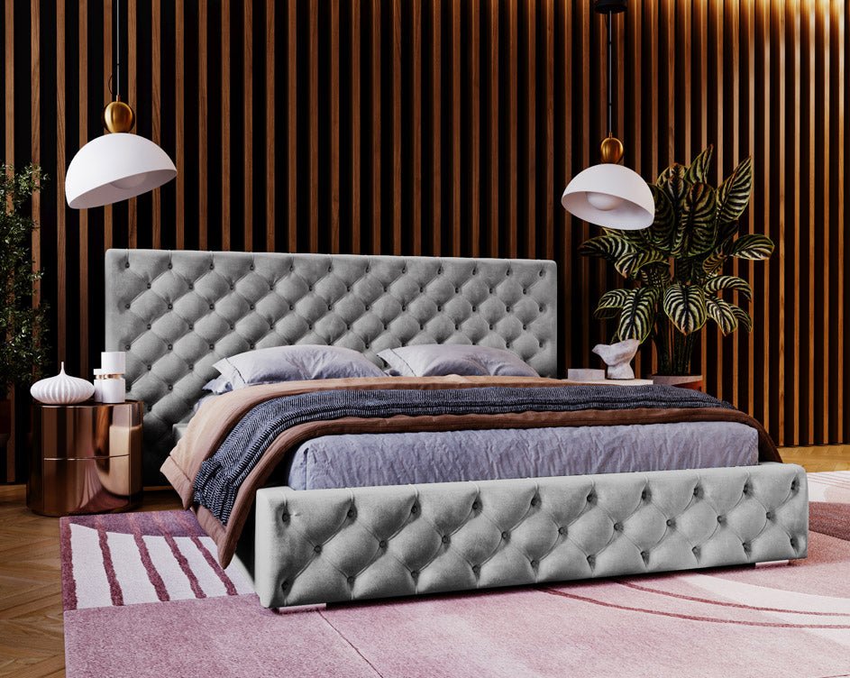 Designer upholstered bed Stellar in velvet with storage