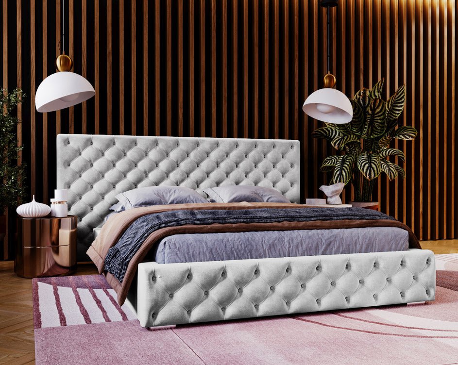 Designer upholstered bed Stellar in velvet with storage