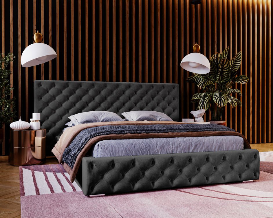 Designer upholstered bed Stellar in velvet with storage
