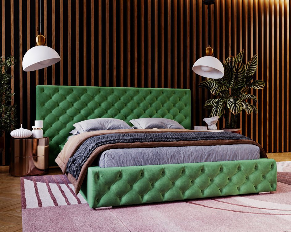 Designer upholstered bed Stellar in velvet with storage