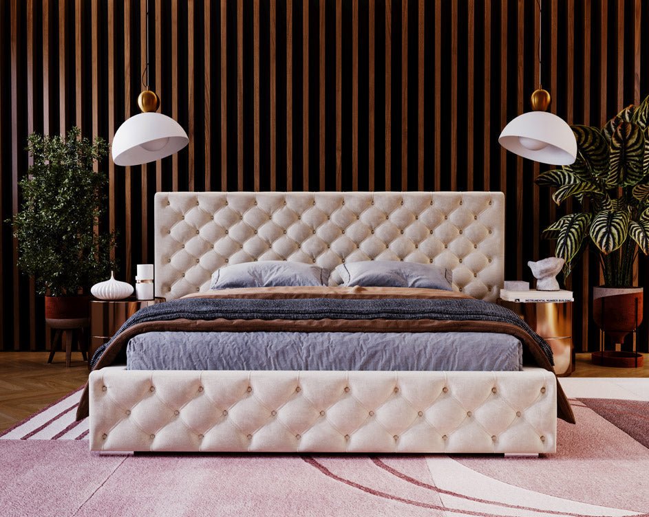 Designer upholstered bed Stellar in velvet with storage