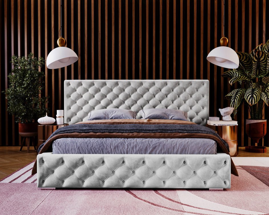 Designer upholstered bed Stellar in velvet with storage