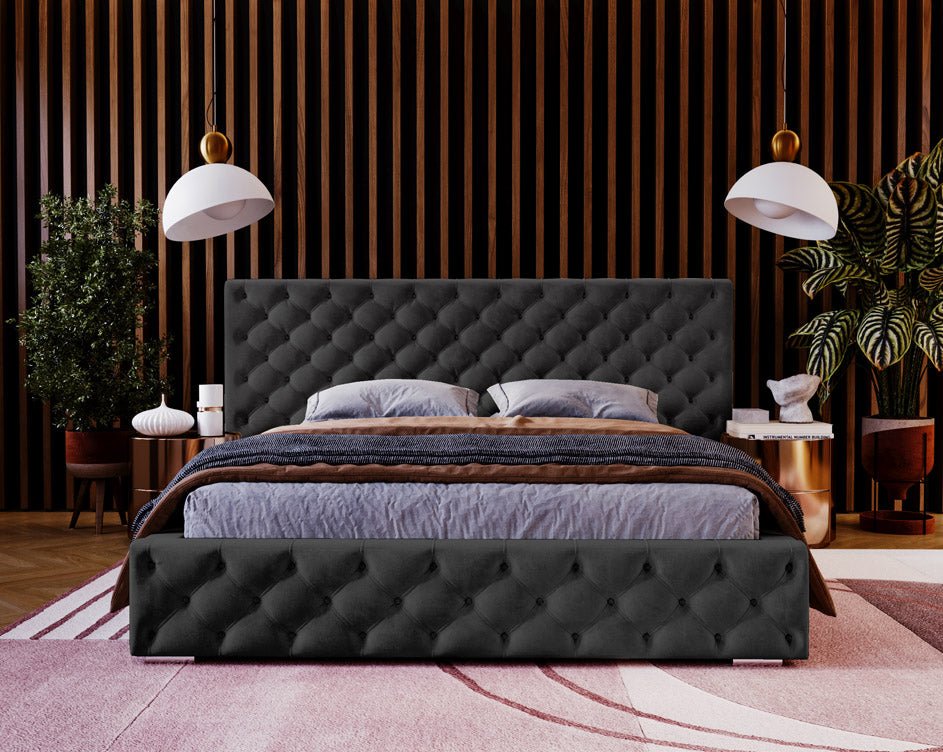 Designer upholstered bed Stellar in velvet with storage
