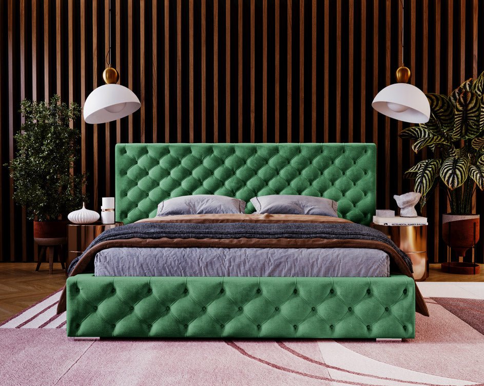 Designer upholstered bed Stellar in velvet with storage